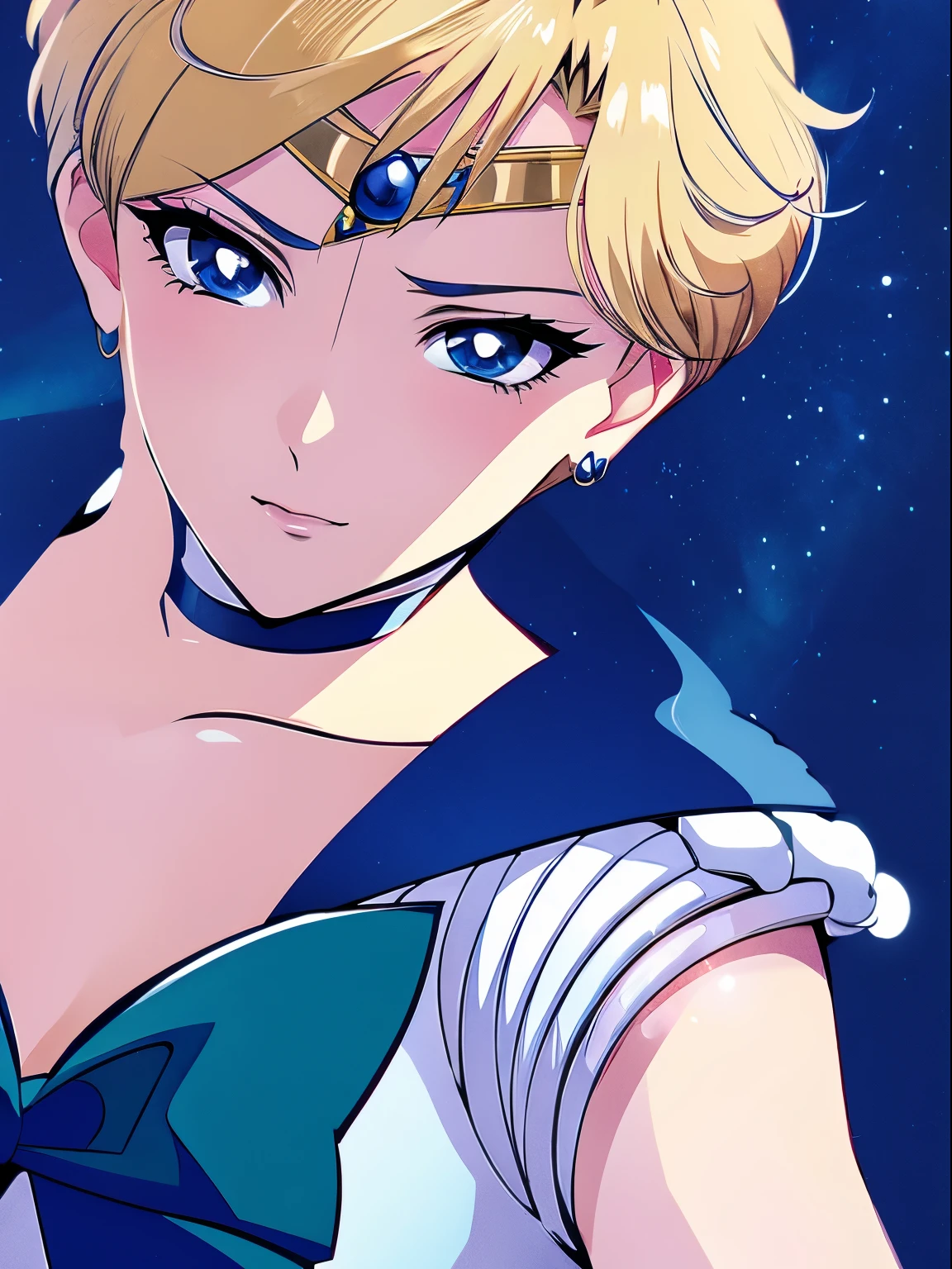 sailor uranus, 1 girl, blonde hair, short hair, blue eyes, detailed eyes, simple background, female focus, alone, Standing, Haruka Teno, portrait, full body, (Masterpiece:1.0), (best quality:1.0) , (wallpaper 8k:1.0), (detailed beautiful face:1.0), (detailed deep eyes), deep eyes, looking at viewer, sailor scout, yellow bow on chest, blue skirt, white gloves,