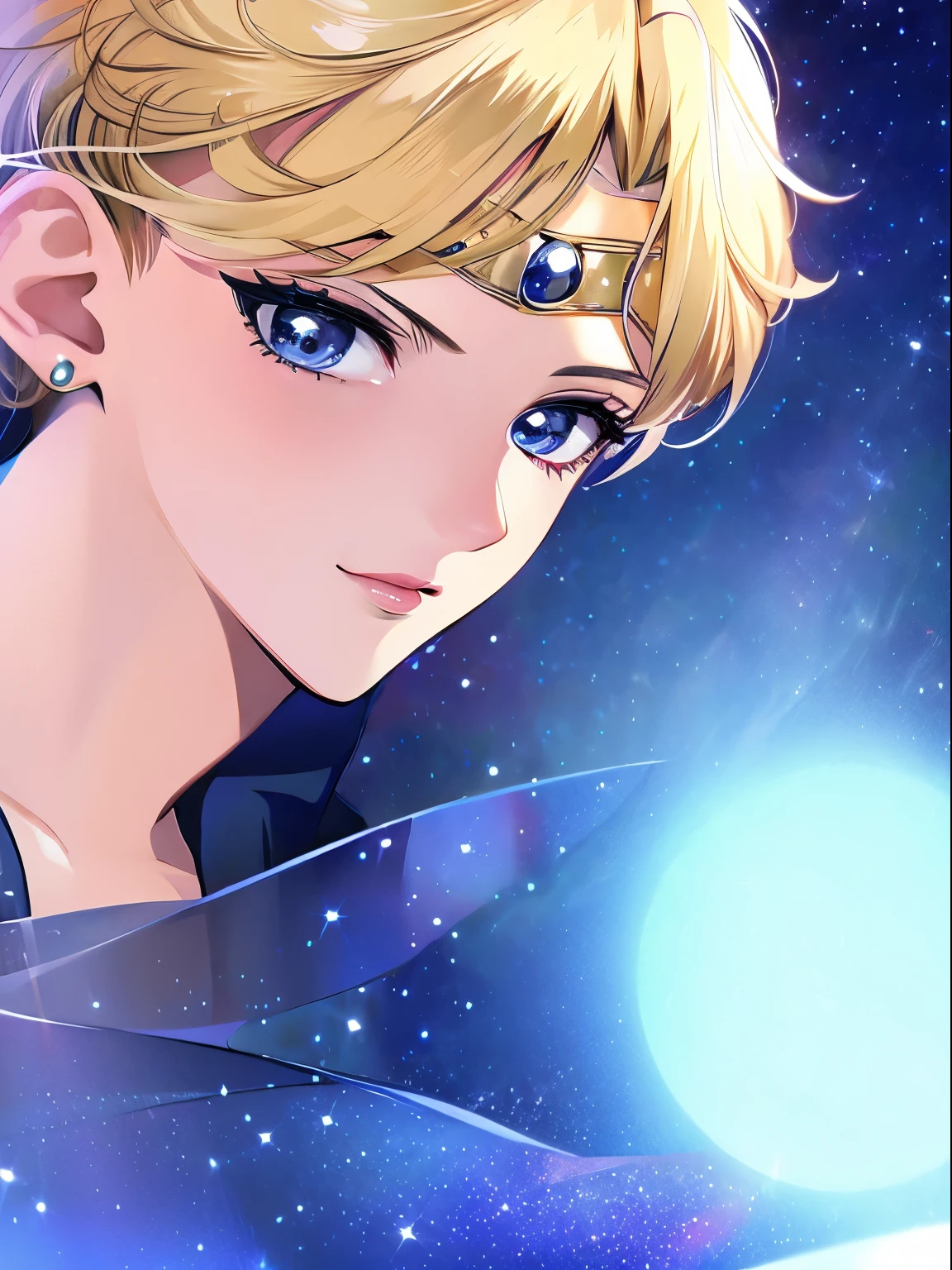 sailor uranus, 1 girl, blonde hair, short hair, blue eyes, detailed eyes, simple background, female focus, alone, Standing, Haruka Teno, portrait, full body, (Masterpiece:1.0), (best quality:1.0) , (wallpaper 8k:1.0), (detailed beautiful face:1.0), (detailed deep eyes), deep eyes, looking at viewer, sailor scout, yellow bow on chest, blue skirt, white gloves,