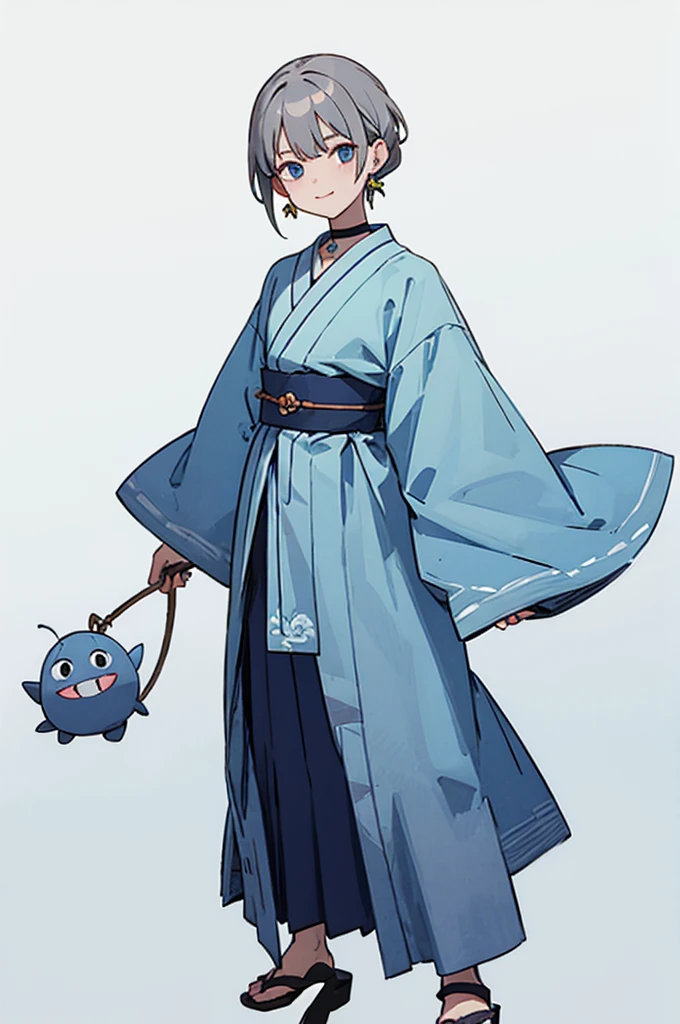 Blue Yukata、Gray Hair、Mischievous face、Choker on neck、Big earrings、Arms crossed、Only the mouth is smiling、Straw sandals、Choker on right leg(whole body、Are standing、、White background)