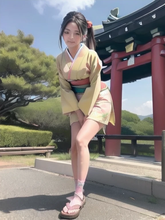 nsfw, (masterpiece, top quality, best quality, highly detailed:1.6), extremely detailed CG unity 8k wallpaper, (1 woman standing on the shrine, outdoor, Pastel Colors kimono:1.5), (Maxi Length), strong facial expression, (sharp eye:1.2), (scowl:1.1), (embarrassed,blush:1.3), (steam:1.5), (wet:1.1), (sweat:1.1), (trembling:1.3), (parted lips:1.4), (harf open eyes:1.5), (feeling weak:1.5), (shoot from front, looking at viewer:1.2), (leaning forward,close knees, hands between legs, pee running down legs:2), (((clutching crotch))), Sandals, (long hair, Brown hair, low ponytail:1.4), (woman trembling with sexual climax:1.5), colorful, full body, wide shot, perfect composition, (Crossing legs, Touching the crotch:1.7), urination, incontinence, piss, peeing self, A lot of pee, pee running down legs, (((pee stream))), (pee puddle), wetting herself, peeing, blush, trembling, embarrassed, large breasts, Yellow pee, ((leaking pee)), Shaking one's shoulders, Breaking a sweat on forehead, puddle of pee, Pee at your feet, Pee spread on the floor, (Pee stains), Feet wet from pee, Pee-covered feet, Pee at your feet, want to pee, about to pee, Full bladder, Pee-soaked kimono, Pee-soaked ankle socks, Pee-soaked sandasls, natural makeup,
