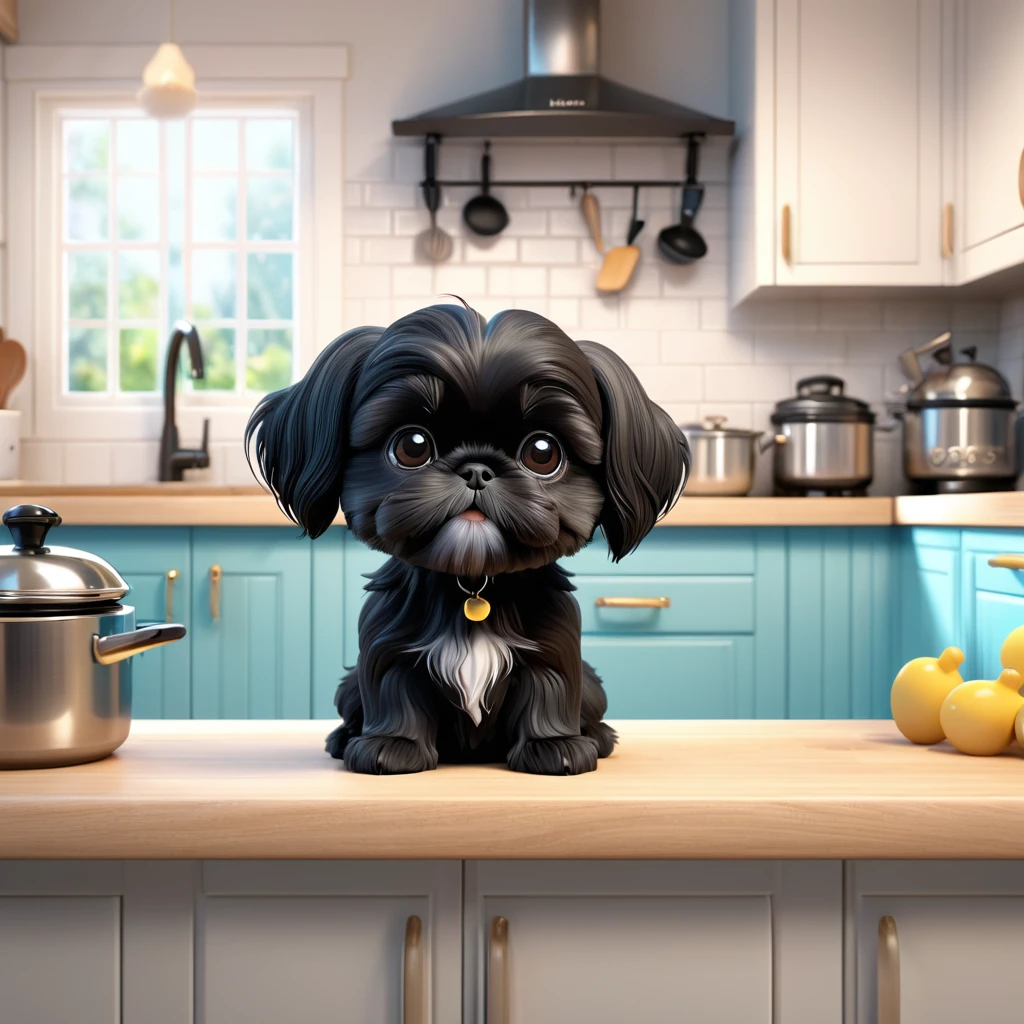 Adorable small black Shih Tzu puppy playing in Disney kitchen 3d cartoon, 3d render, disney pixar style
