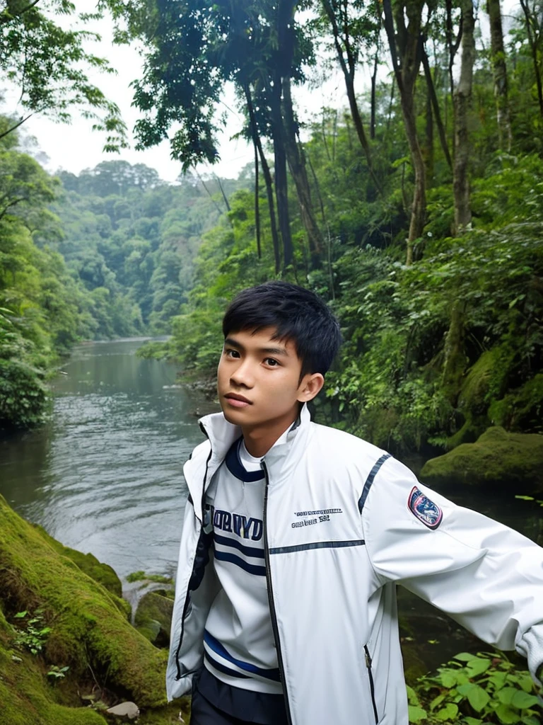 a Indonesian young man . Age around 20 years. There is only one person in the photo. wearing a white jacket. The whole body is depicted facing forward. The background is a river in the forest.