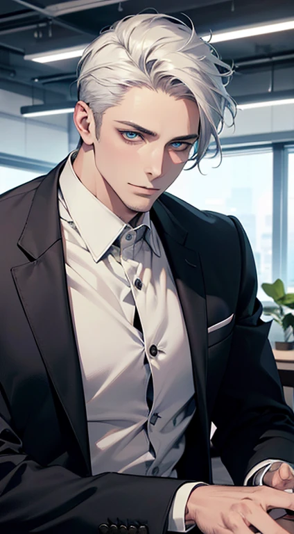 (best quality,4k,8k,highres,masterpiece:1.2),ultra-detailed,(realistic,photorealistic,photo-realistic:1.37),1 man,31 years old,mature man,very handsome,without expression,smile,short grey white hair,blue eyes,penetrating gaze,perfect face without errors,imposing posture,businessman,office background,cinematic lighting,hdr image
