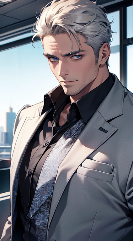 (best quality,4k,8k,highres,masterpiece:1.2),ultra-detailed,(realistic,photorealistic,photo-realistic:1.37),1 man,31 years old,mature man,very handsome,without expression,smile,short grey white hair,blue eyes,penetrating gaze,perfect face without errors,imposing posture,businessman,office background,cinematic lighting,hdr image