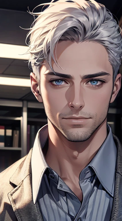 (best quality,4k,8k,highres,masterpiece:1.2),ultra-detailed,(realistic,photorealistic,photo-realistic:1.37),1 man,31 years old,mature man,very handsome,without expression,smile,short grey white hair,blue eyes,penetrating gaze,perfect face without errors,imposing posture,businessman,office background,cinematic lighting,hdr image