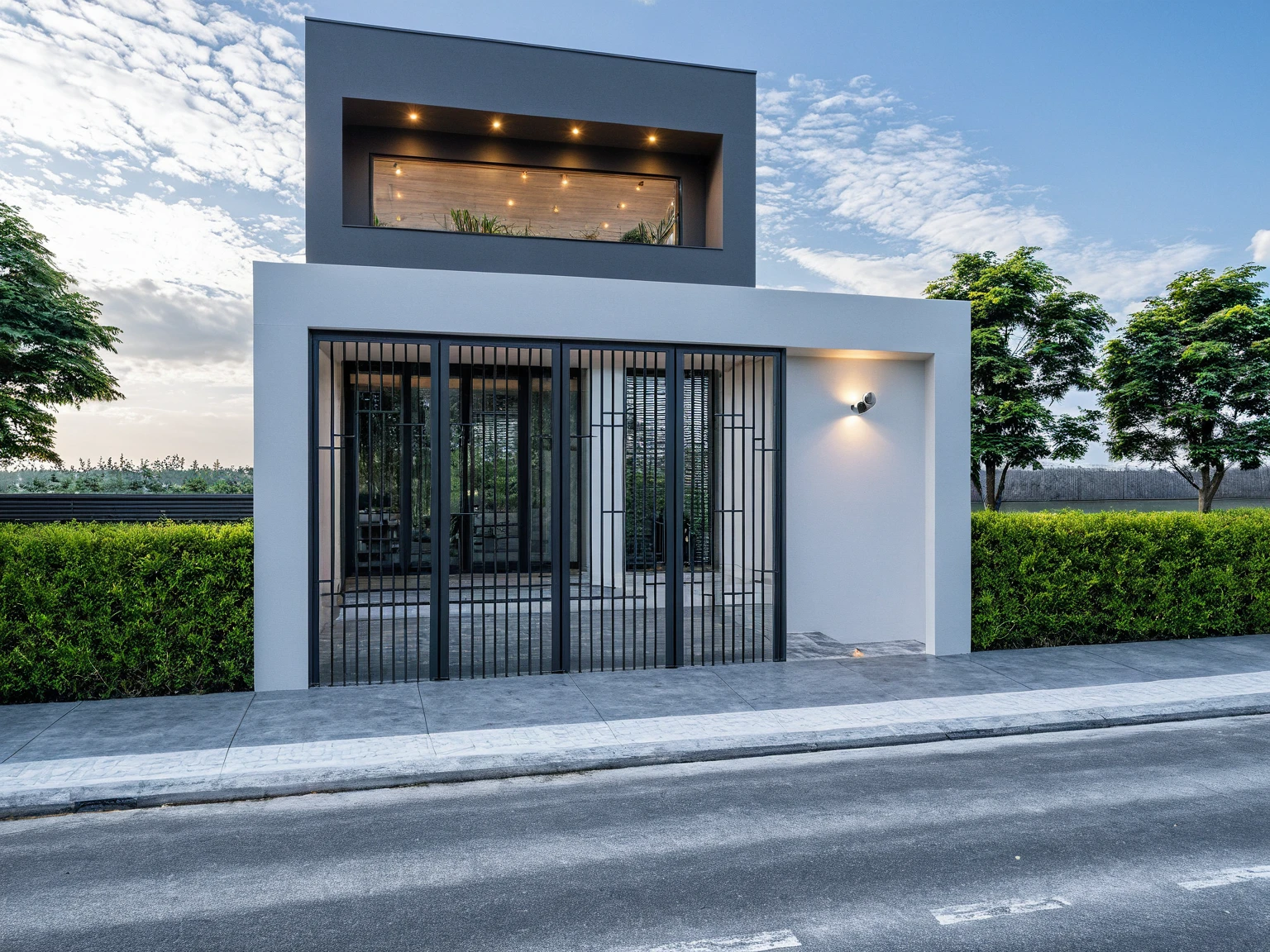 Raw photo, masterpiece, high quality, best quality, realistic, super detailed, outdoor, " 2-storey house " , modern Mezzanine house style, (white wall), curved wall facade, aluminum interior door glass, curved planter, gray tiled accent wall, gray iron box exterior gate, road, sidewalk, grass, trees, sky, clouds, (daylight):1.1)