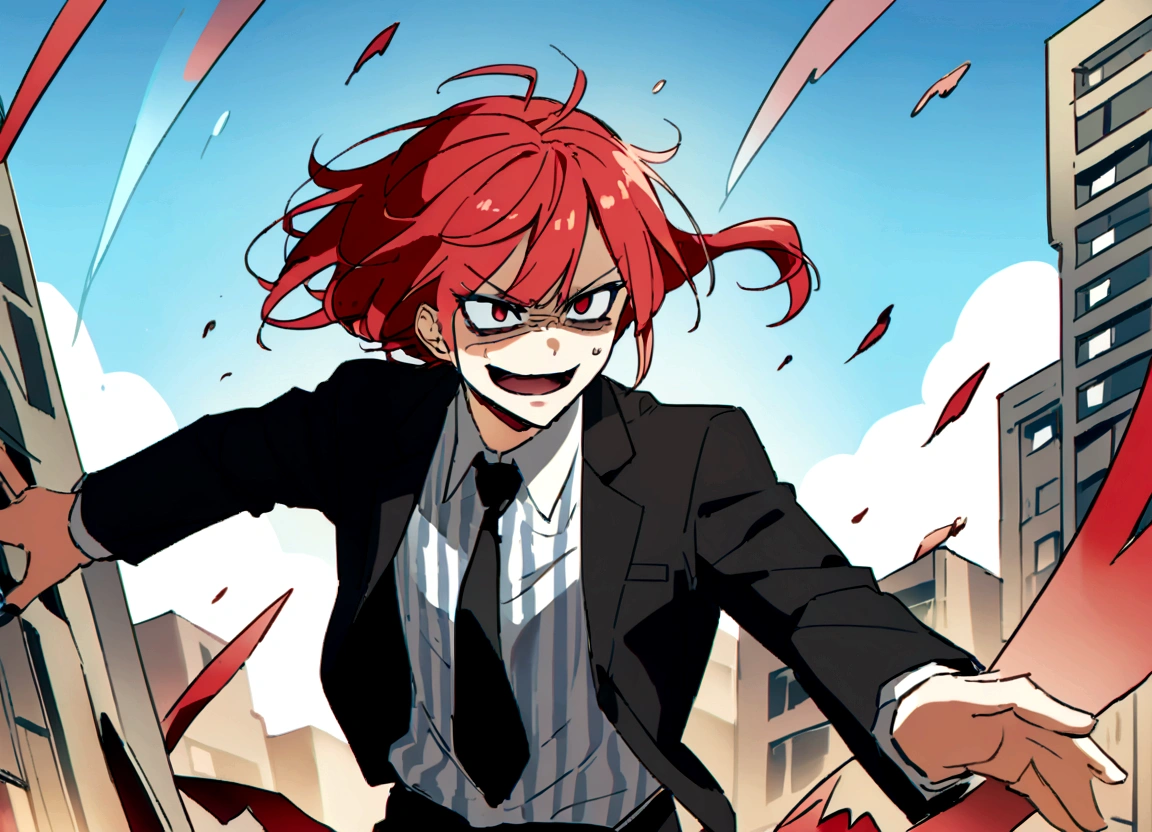 Red hair、Black suit、Attack、Scary smile、office、Daytime