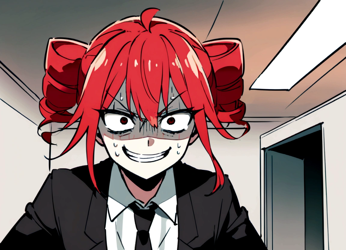 Red hair、Black suit、Attack、Scary smile、office、Daytime