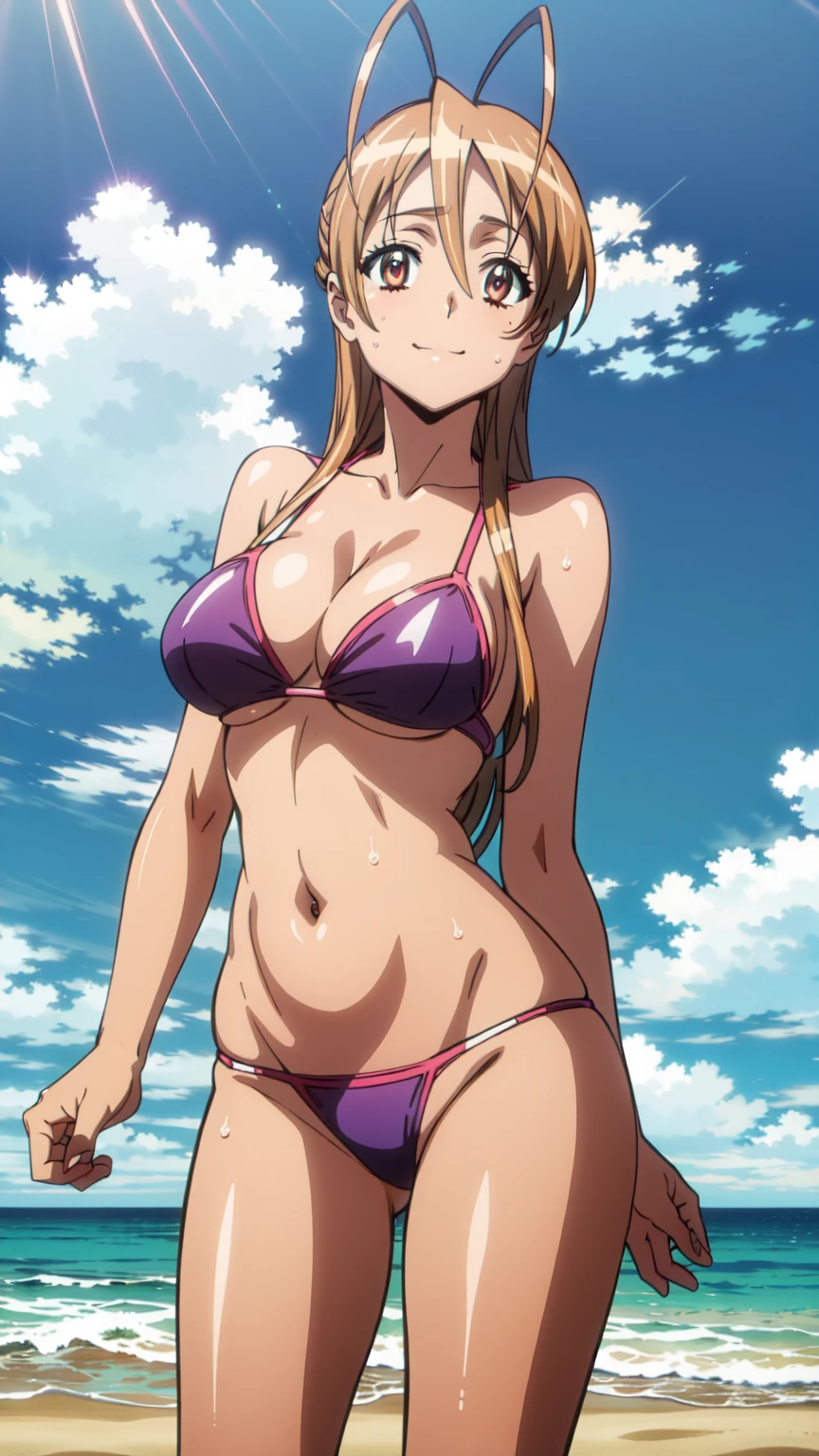 (((pixel-perfect, detail-perfect))), solo, 1girl,rei miyamoto,Smiling, looking at the viewer, blue theme, blue background, cloudy sky, sunlight, sweat, orgasmic, bikini swimsuit, large breasts, cleavage, belly button exposed, collarbone, thighs, sea and beach,