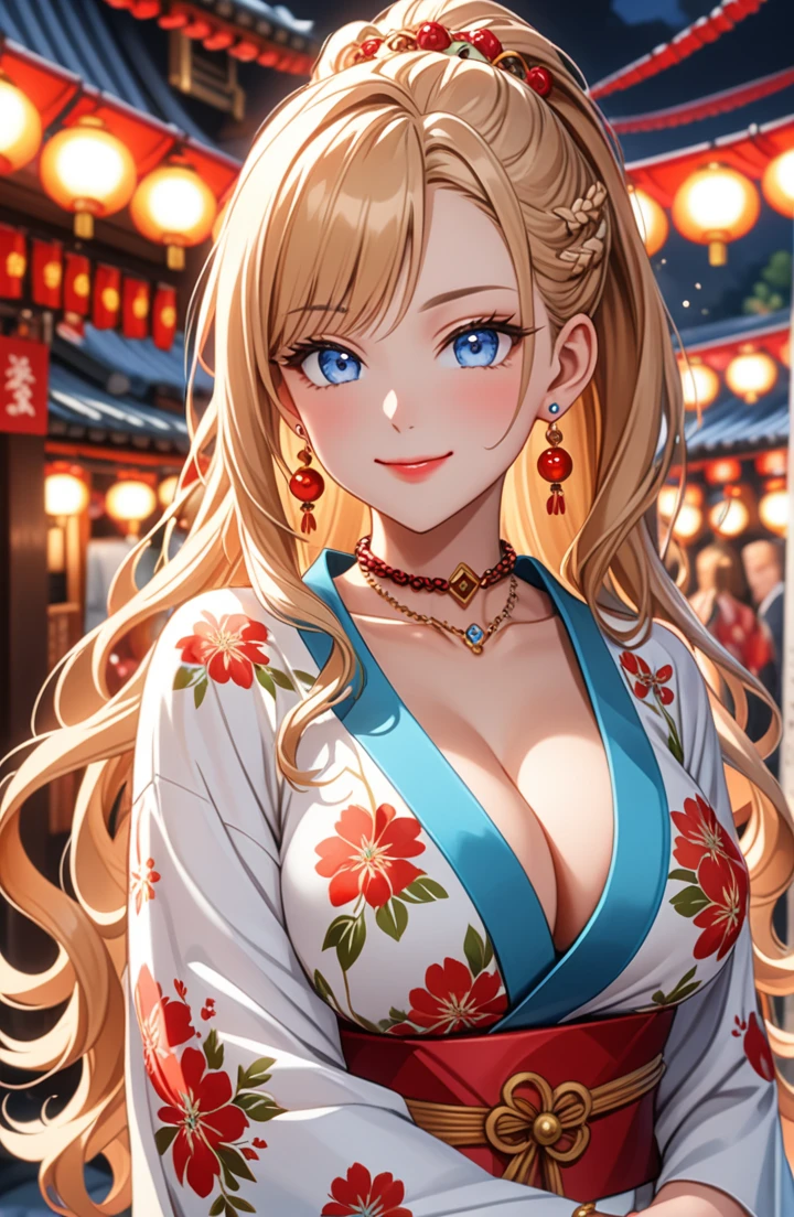 ((one girl)), Beautiful Face, (Laugh shyly), ((laugh:1.3)), ((Wink:1.6)), (Laugh with your mouth wide open),(Tilt your head:1.3), (Upper teeth), View your viewers, ((Bright red cheeks:1.6)),Glossy Red Lips, ((Big Breasts:1.4)) night, Shrine festival stalls, (Brighten your face), ((Anime style background)),masterpiece, Highest quality, so beautiful,Latest, Complex details, (Pink long nails), (nail art), (ring),(bracelet), (ring helix piercing:1.7), (Floral Choker),AI-generated, Complex,High resolution, Highest quality, super high quality,3D Images、3D Images,One person,Blonde long hair,(High Ponytail), (Wavy Hair), Anime woman posing for a photo, ((Fine grain、blue eyes、Shining Eyes:1.4)), (Squint your eyes:1.1),a hyperRealistic , hyperRealistic , Realistic,Long blonde anime woman, Smooth anime CG art, Pink large floral patternの刺繍が入った、Woman in luxurious kimono, ((White long-sleeved kimono)),(Pink large floral pattern) ,Long flower hair ornament,Floral Earrings,Mature Body, expensive,Abdominal muscles,Tight waist,((Zoom in on face:1.8)), (front view),