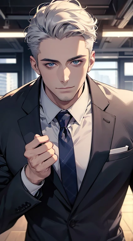 (best quality,4k,8k,highres,masterpiece:1.2),ultra-detailed,(realistic,photorealistic,photo-realistic:1.37),1 man,31 years old,mature man,very handsome,without expression,smile,short grey white hair,blue eyes,penetrating gaze,perfect face without errors,imposing posture,businessman,office background,cinematic lighting,hdr image