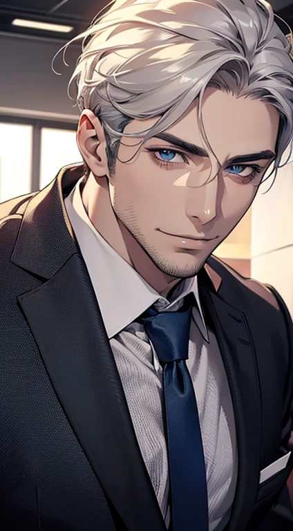 (best quality,4k,8k,highres,masterpiece:1.2),ultra-detailed,(realistic,photorealistic,photo-realistic:1.37),1 man,31 years old,mature man,very handsome,without expression,smile,short grey white hair,blue eyes,penetrating gaze,perfect face without errors,imposing posture,businessman,office background,cinematic lighting,hdr image
