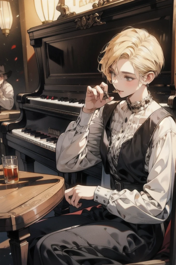 Short-haired female cowboy in a western saloon,blonde,Sitting,Smoking Pipes,table Wisky,piano,6-shot revolver,Barrel,table,Trump,Dust,artwork,3d,4K,detailed,Realistic