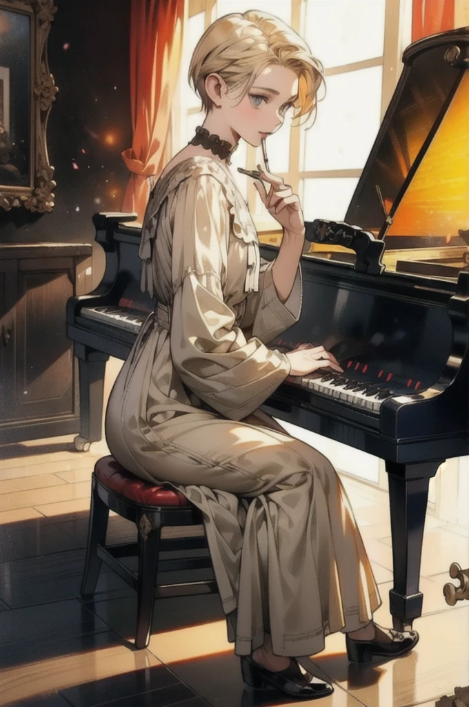 Short-haired female cowboy in a western saloon,blonde,Sitting,Smoking Pipes,table Wisky,piano,6-shot revolver,Barrel,table,Trump,Dust,artwork,3d,4K,detailed,Realistic