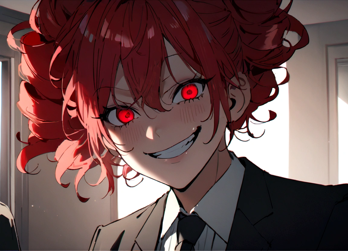 Red hair、Black suit、Attack、Scary smile、office、Daytime