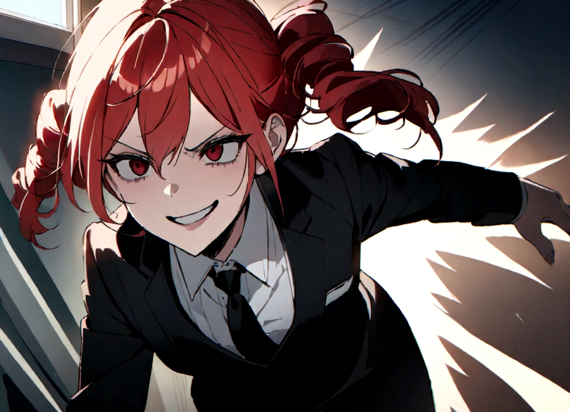 Red hair、Black suit、Attack、Scary smile、office、Daytime