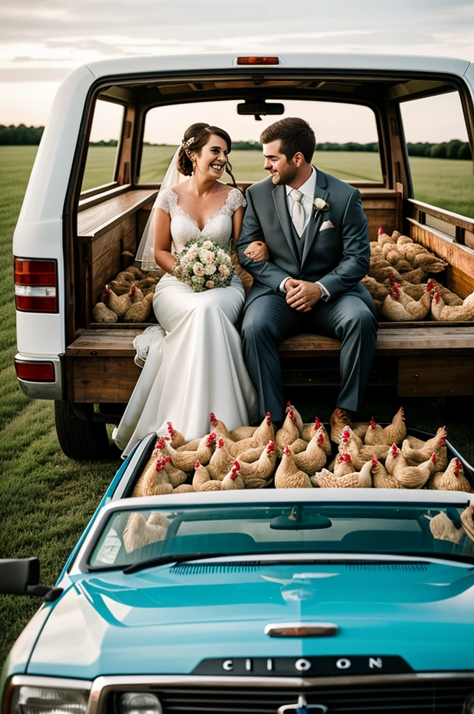 A wedding couple sitting in their truck looking at thousands of chickens.