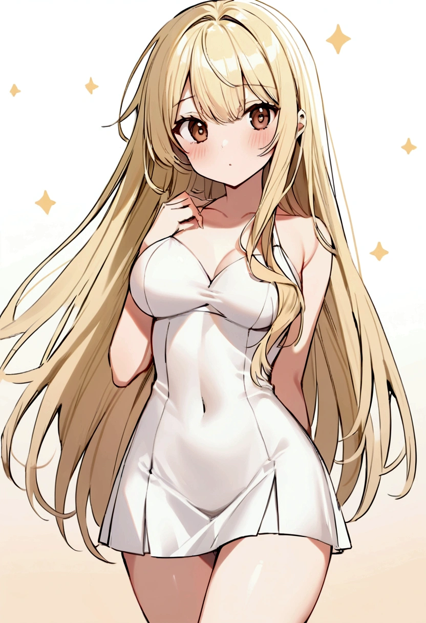 A 24 year old girl with white colour and blonde body brown eyes perfect body shape wearing short dress