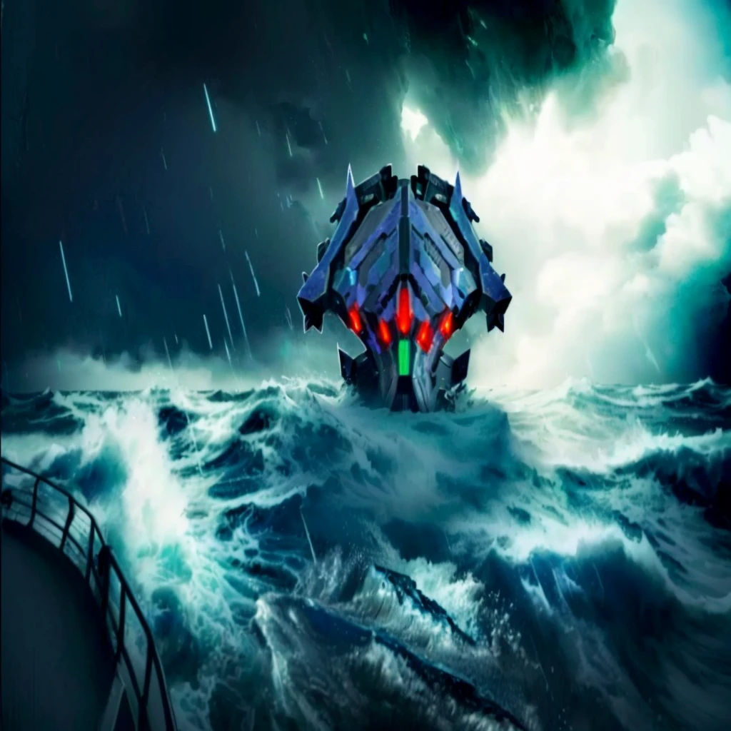 there is a large boat in the middle of a stormy ocean, from pacific rim, a ship lost in a storm, dread scary spaceship, broken ruin pacific rim jaeger, spaceship sank, cherenkov radiation, pacific rim jaeger, fan art, concept artwork, scylla and charybdis, stylised storm, alien ship wreck