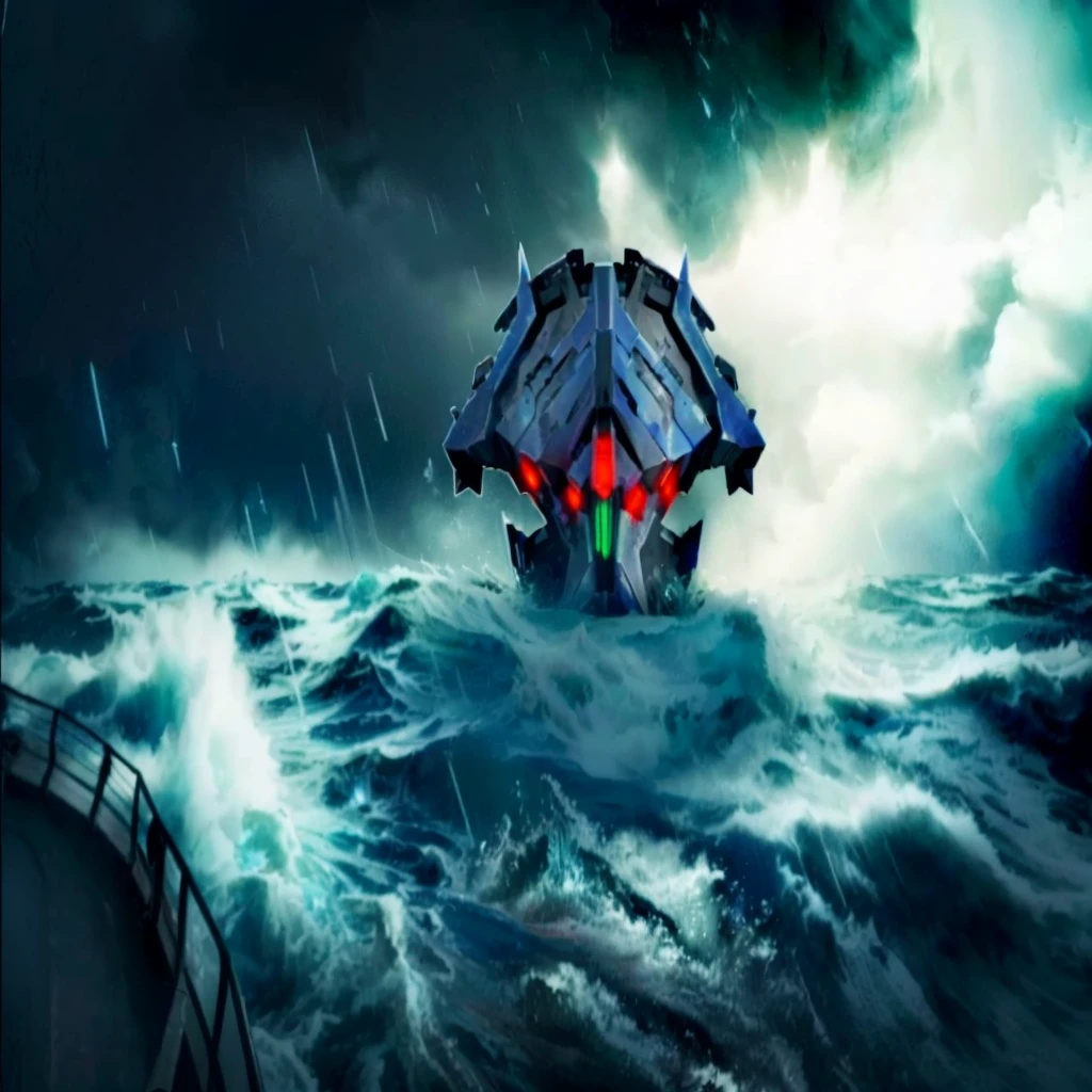 there is a large boat in the middle of a stormy ocean, from pacific rim, a ship lost in a storm, dread scary spaceship, broken ruin pacific rim jaeger, spaceship sank, cherenkov radiation, pacific rim jaeger, fan art, concept artwork, scylla and charybdis, stylised storm, alien ship wreck