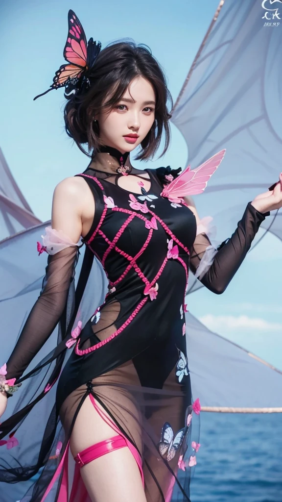 beautiful woman in a black dress with a pink butterfly pattern