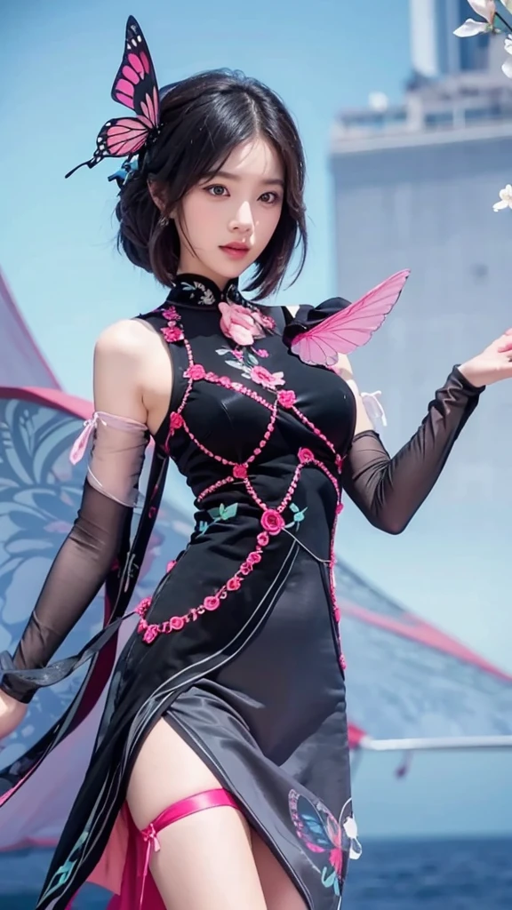 beautiful woman in a black dress with a pink butterfly pattern