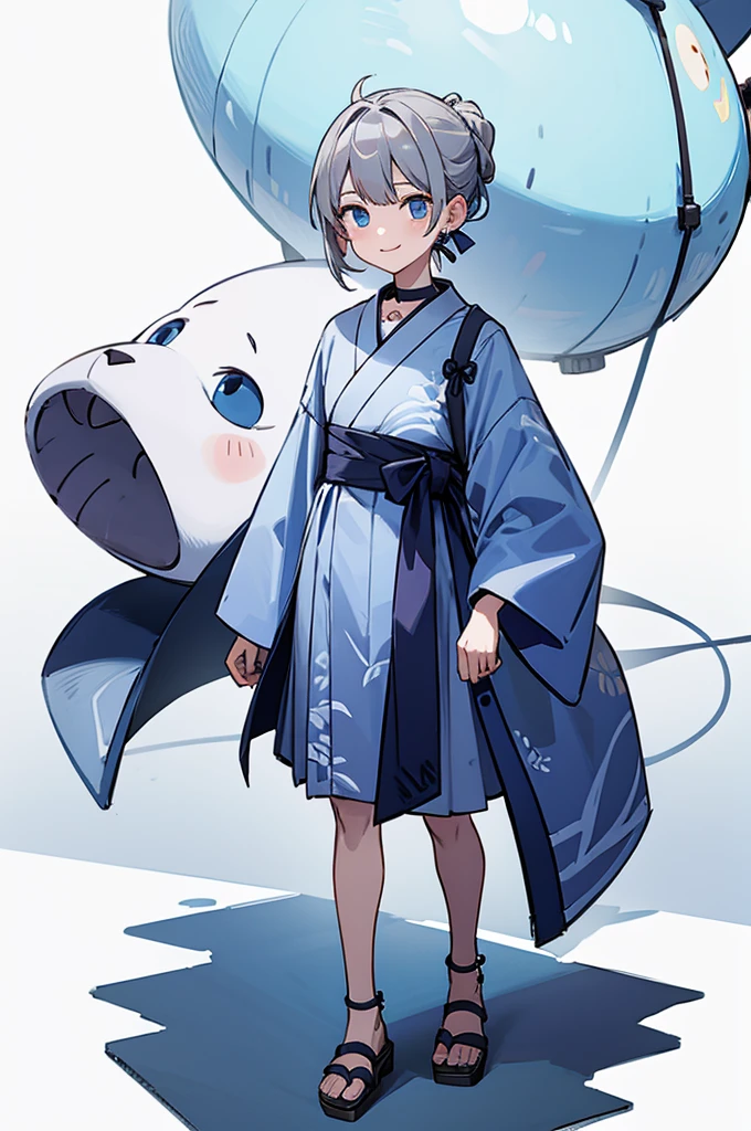 Blue Yukata、Gray Hair、Mischievous face、Choker on neck、Big earrings、Arms crossed、Only the mouth is smiling、Straw sandals、Choker on right leg(whole body、Are standing、、White background)