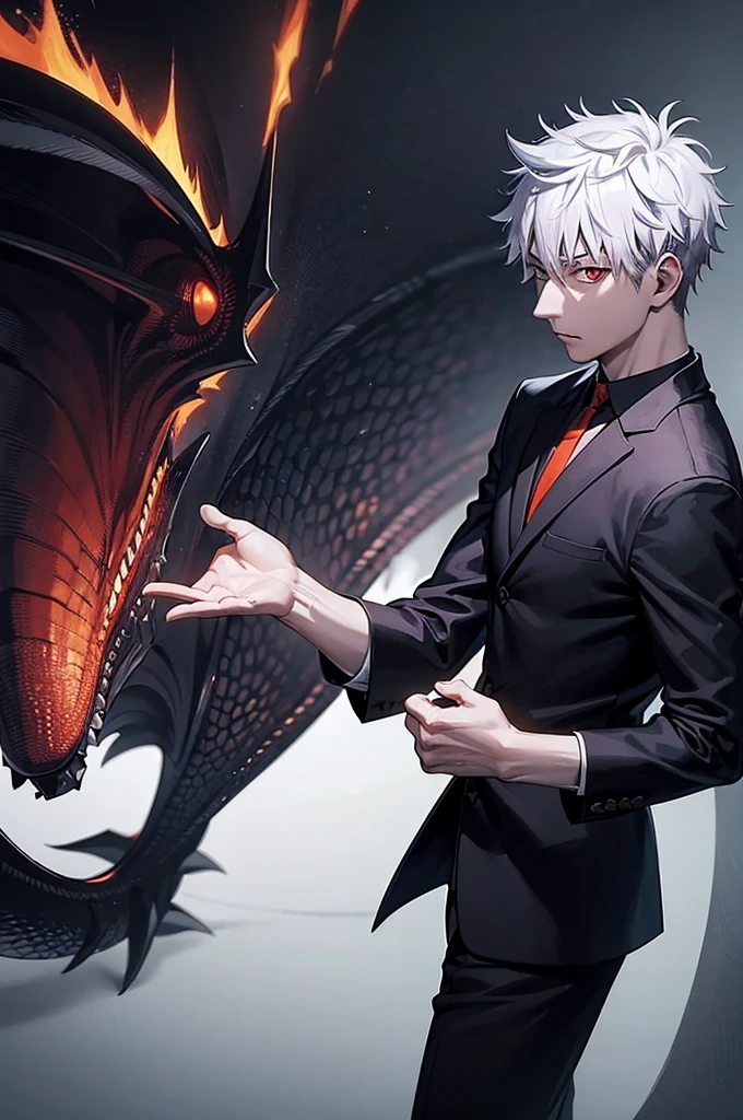 one japanese man, silver hair, orange eyes, high res, masterpiece, ultrasharp, jujustu kaisan style, jujutsu kaisen background, with a dragon