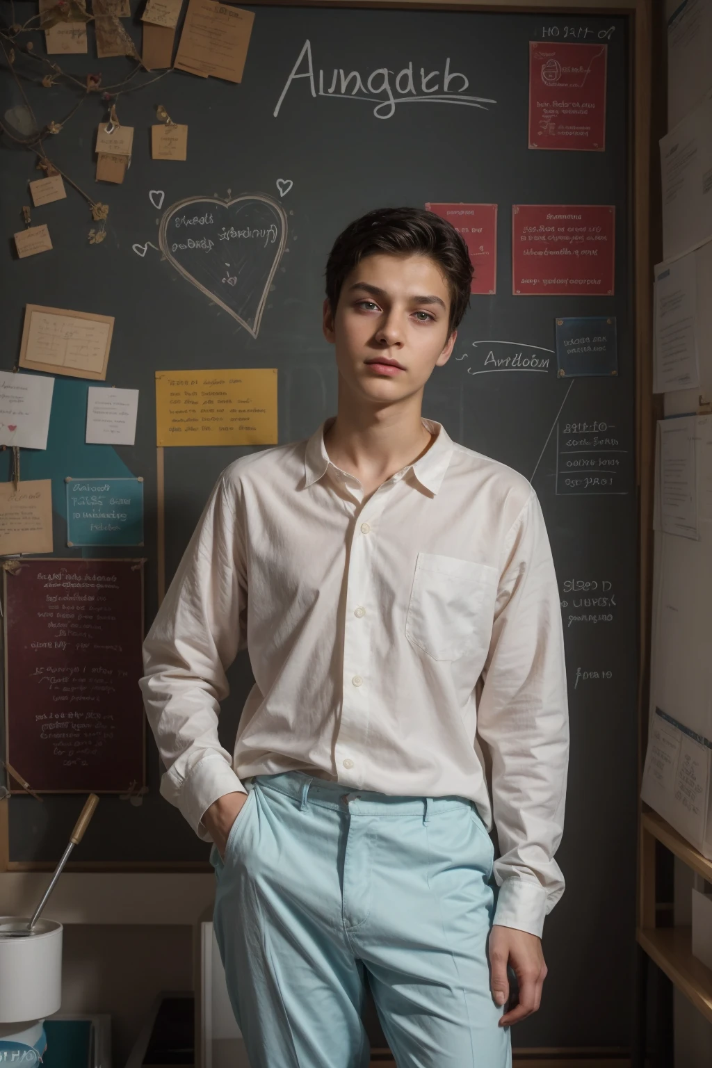 A beautiful young male twink with a face with reddish makeup. He has black hair. He is wearing a long-sleeved, white shirt and aqua blue pants. He is in his scientific office, and behind him is a blackboard with the shape of the brain and its anatomy written on it, and next to him is the shape of the heart and its anatomy. He looks in amazement and shock.