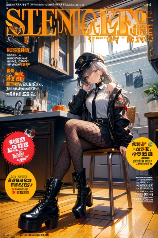 (from below:1.2),(Beautiful Allafed Woman),(((emphasizing breasts:1.0))),(Dynamic angles),(Dynamic and sexy bending pose:1.3),(sit a chair:1.3),(masterpiece:1.2), (Military uniform magazine cover:1.4),best quality,PIXIV,Sweet girl , sexy posture,1girl, (perky chest:1.2), rolling upskirt by wind:1.6, (with sparkling eyes and a contagious smile),open mouth, (pointed chest:1.2),fishnets, black hair, boots, long hair, black nails, skirt, shirt, solo, black footwear, bag, black skirt, jewelry, sitting, jacket, on head, black jacket, thigh strap, bangs, necktie, earrings, nail polish, white shirt, fishnet pantyhose, pantyhose, platform footwear, multicolored hair, looking at viewer, full body, bottle, own hands together, belt, jacket on shoulders, food, animal on head, black necktie, ring, choker, english text, collared shirt, blue eyes, platform boots, hat, cross-laced footwear, lace-up boots ,A scene of cooking in the kitchen
