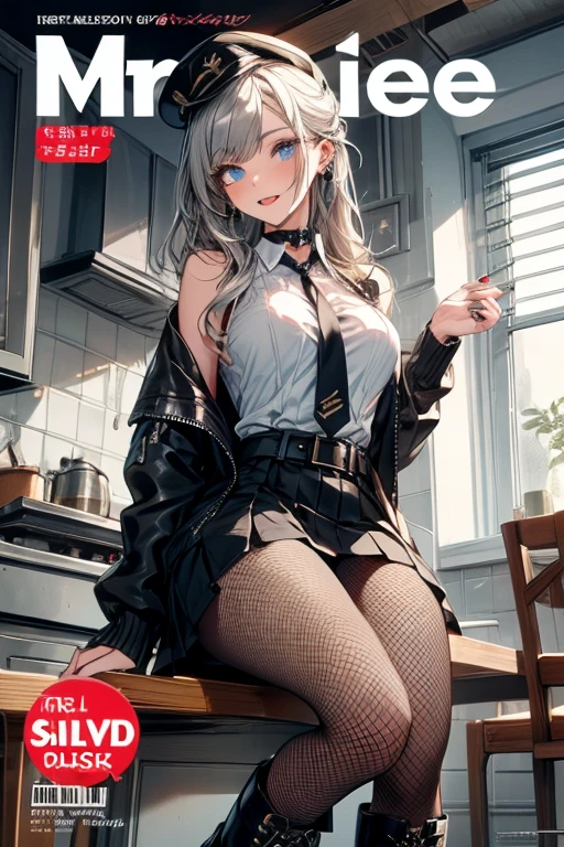 (from below:1.2),(Beautiful Allafed Woman),(((emphasizing breasts:1.0))),(Dynamic angles),(Dynamic and sexy bending pose:1.3),(sit a chair:1.3),(masterpiece:1.2), (Military uniform magazine cover:1.4),best quality,PIXIV,Sweet girl , sexy posture,1girl, (perky chest:1.2), rolling upskirt by wind:1.6, (with sparkling eyes and a contagious smile),open mouth, (pointed chest:1.2),fishnets, black hair, boots, long hair, black nails, skirt, shirt, solo, black footwear, bag, black skirt, jewelry, sitting, jacket, on head, black jacket, thigh strap, bangs, necktie, earrings, nail polish, white shirt, fishnet pantyhose, pantyhose, platform footwear, multicolored hair, looking at viewer, full body, bottle, own hands together, belt, jacket on shoulders, food, animal on head, black necktie, ring, choker, english text, collared shirt, blue eyes, platform boots, hat, cross-laced footwear, lace-up boots ,A scene of cooking in the kitchen
