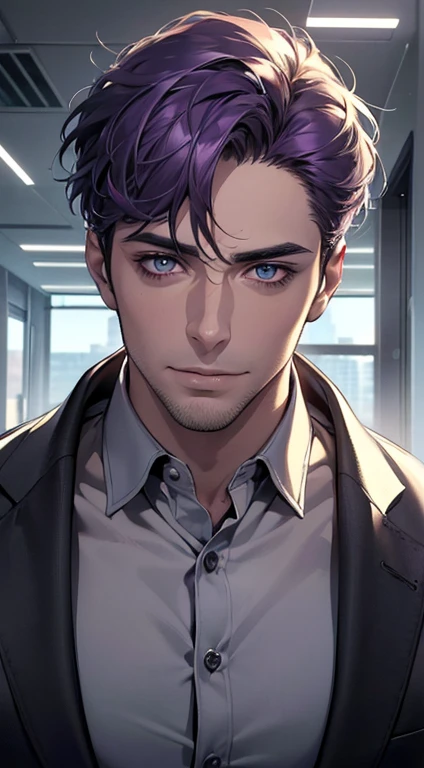 (best quality,4k,8k,highres,masterpiece:1.2),ultra-detailed,(realistic,photorealistic,photo-realistic:1.37),1 man,31 years old,mature man,very handsome,without expression,smile,short purple hair,blue eyes,penetrating gaze,perfect face without errors,imposing posture,businessman,office background,cinematic lighting,hdr image