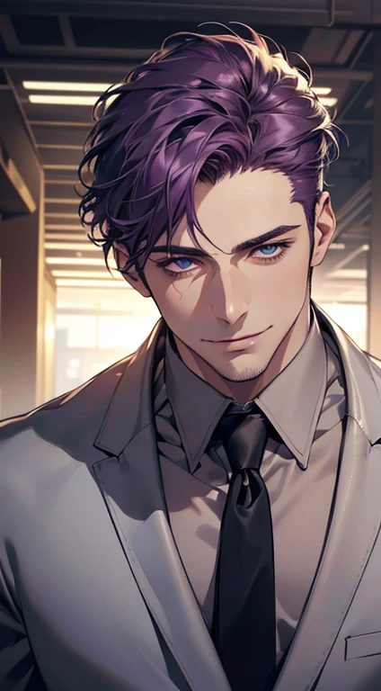 (best quality,4k,8k,highres,masterpiece:1.2),ultra-detailed,(realistic,photorealistic,photo-realistic:1.37),1 man,31 years old,mature man,very handsome,without expression,smile,short purple hair,blue eyes,penetrating gaze,perfect face without errors,imposing posture,businessman,office background,cinematic lighting,hdr image