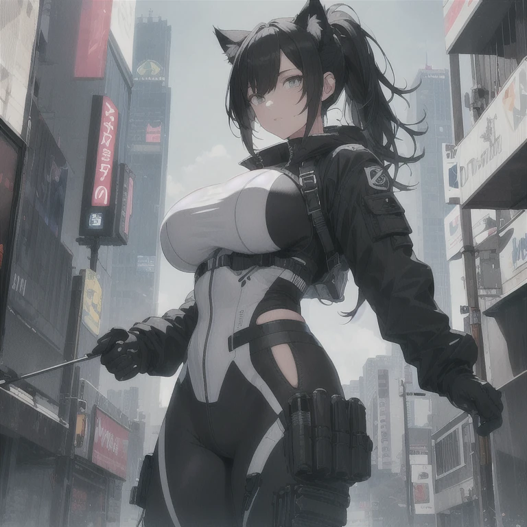 Absurd resolution,high resolution,(masterpiece: 1.4),hyper-detail,fullbody shot,full frontal camera perspective,solo,shorter,standing straight up,1 kemono feline cat woman,no skin other than neck and head shown,full pilot suit,black hair,messy ponytail,cute face,detailed soft grey luminous eyes,huge massive hyper super swollen heavy breasts,breasts so big that cover her whole torso and are bigger than her head while being so big they reach her belly button,extremely super large swollen perky heavy bust,super huge enormously gigantic tits,gigantic breasts stretching/straining out of her outfit looking like they are about to burst out,breasts compressed squishing barely contained in outfit,inflated breasts,breasts_expansion,super gigantic swollen heavy tits,wide full hips,narrower torso and shoulders,smaller torso,narrower waist,full thicc big soft thighs,thicc big full thighs,big rounded full soft butt,thicc butt,ruggedized utility styled outfit,fully insulated suit,full body outfit coverage with no skin showing or revealed,airtight/watertight zippers and seals,scifi monochrome black and grey fullbody covering protective padding rugged loose-fitted pilot utility suit with strategically placed protective padding,white zipped utility cropped top for breasts support with a black strap horizontal across cleavage worn on top of suit,tactical strategic angular-patterned protective padding on hips and thighs and abdomen,practical/functional clothing,weather-proof durable clothing material,nylon clothing material,custom made clothing to fit and support large breasts,scifi padded rugged rigid high collar cropped cutout fitted techwear jacket,armored high collar,white and black triangular decals and techwear iconography on apparel and clothing,techwear gloves,arm mounted strapped display scifi tablet/communication device/computer,ruggedized tech,ruggedized tech aesthetic,fitted utility pants,utility chaps,near future scifi,cyberpunk aesthetic,anime aesthetic,tactical aesthetic