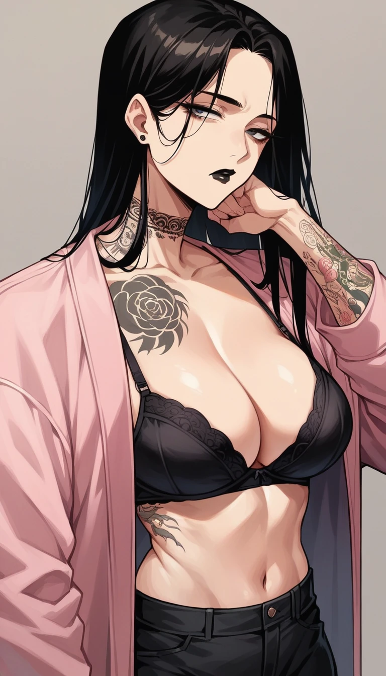 beautyful mature japanese woman, slim body, slender body, black bra, big long fringe black hair, black lipstick, pink jacket, black chocker, milf, tattooed, black tattoos, black pants, mature like, bored face, comic style