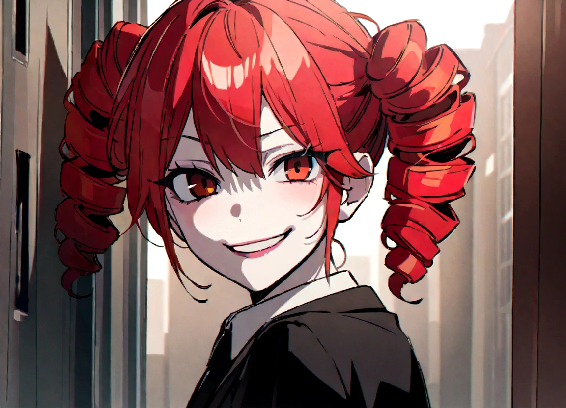 Red hair、Black suit、hit、Scary smile、office、Daytime