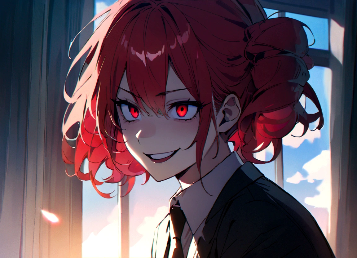 Red hair、Black suit、hit、Scary smile、office、Daytime