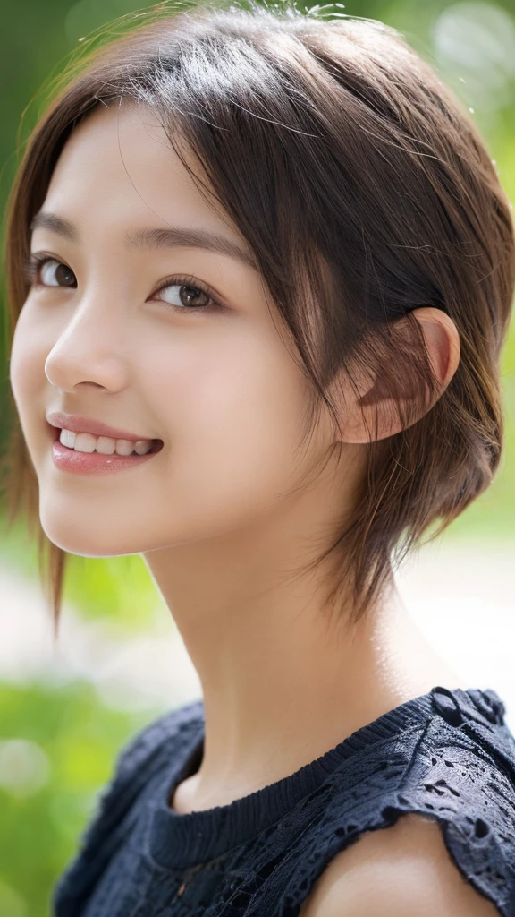 (1girl), ponytail, Extremely cute face, Amazing face and eyes, (Highly detailed eyes, Highly detailed face), fresh, Very clean appearance, (Hyper-realistic, hight resolution), (Best Quality:1.4), (hyper quality), Authentic skin texture, Raw photo, (Realistic, Photorealsitic:1.37), highly detailed, girl portrait, Japanese beautiful girl, the most beautiful girl in the world,  short hair, LOL,smile
