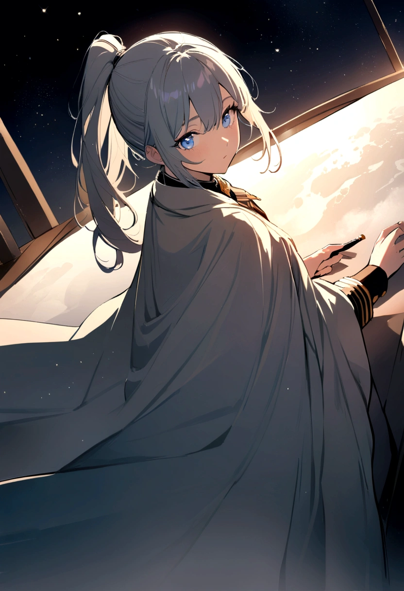 Masterpiece, (Best Quality: 1.2), (super fine: 1.2), illustration, (extremely delicate and beautiful: 1.2), film angle, floating, (Beautiful eye detail: 1.1), (detail light: 1.1), movie lights, delicate sky, only, by white, Blue eyes, (High ponytail: 1.1), cloak, bright Eyes, (officer: 1.2), (officerlight: 1.1), starry sky, (light particles: 1.1), fog , snow painting, drawing, flourishing