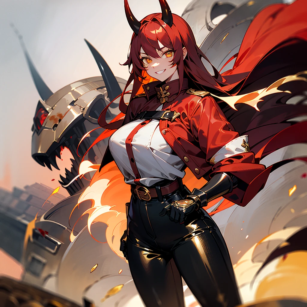 young Korean woman, golden eyes, red hair, black horns, tanned bronze skin, huge chest, predatory grin, smile, stained with blood, dressed in a red coat with rolled up sleeves, heavy steel gold armor, wide leather belt, black leather pants with steel hips shields, steel plate gloves, stands at dusk against the backdrop of a burning kingdom,