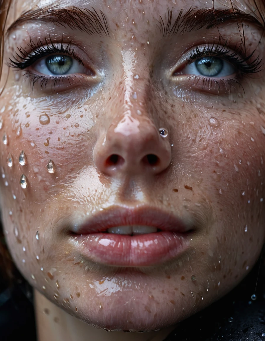 portrait photography, dutch angle shot, a woman's face with freckles covered in raindrops, raindroplets on her face, under rain, rainpunk, extreme close up, Phantom High Speed camera, urban emotions, uhd image, moody, detailed facial features, realistic_skin, natural_skin --ar 16:9 --style raw --v 5.2
