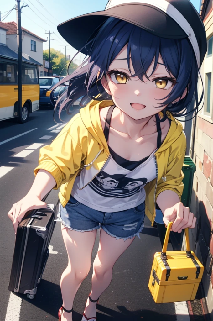 Umi Sonoda, Long Hair, Blue Hair, (Yellow Eyes:1.5) (Flat Chest:1.2),happy smile, smile, Open your mouth,Baseball hats,Sleeveless blue hoodie,Open front,White Tank Top,Shorts,Sandals,Push-type suitcase,Walking,Daytime,Clear skies,True Summer,whole bodyがイラストに入るように,
break looking at viewer,whole body,
break indoors, countryside,In town,
break (masterpiece:1.2), Highest quality, High resolution, unity 8k wallpaper, (figure:0.8), (Beautiful attention to detail:1.6), Highly detailed face, Perfect lighting, Highly detailed CG, (Perfect hands, Perfect Anatomy),