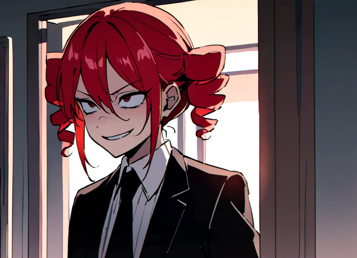 Red hair、Black suit、hit、Scary smile、office、Daytime