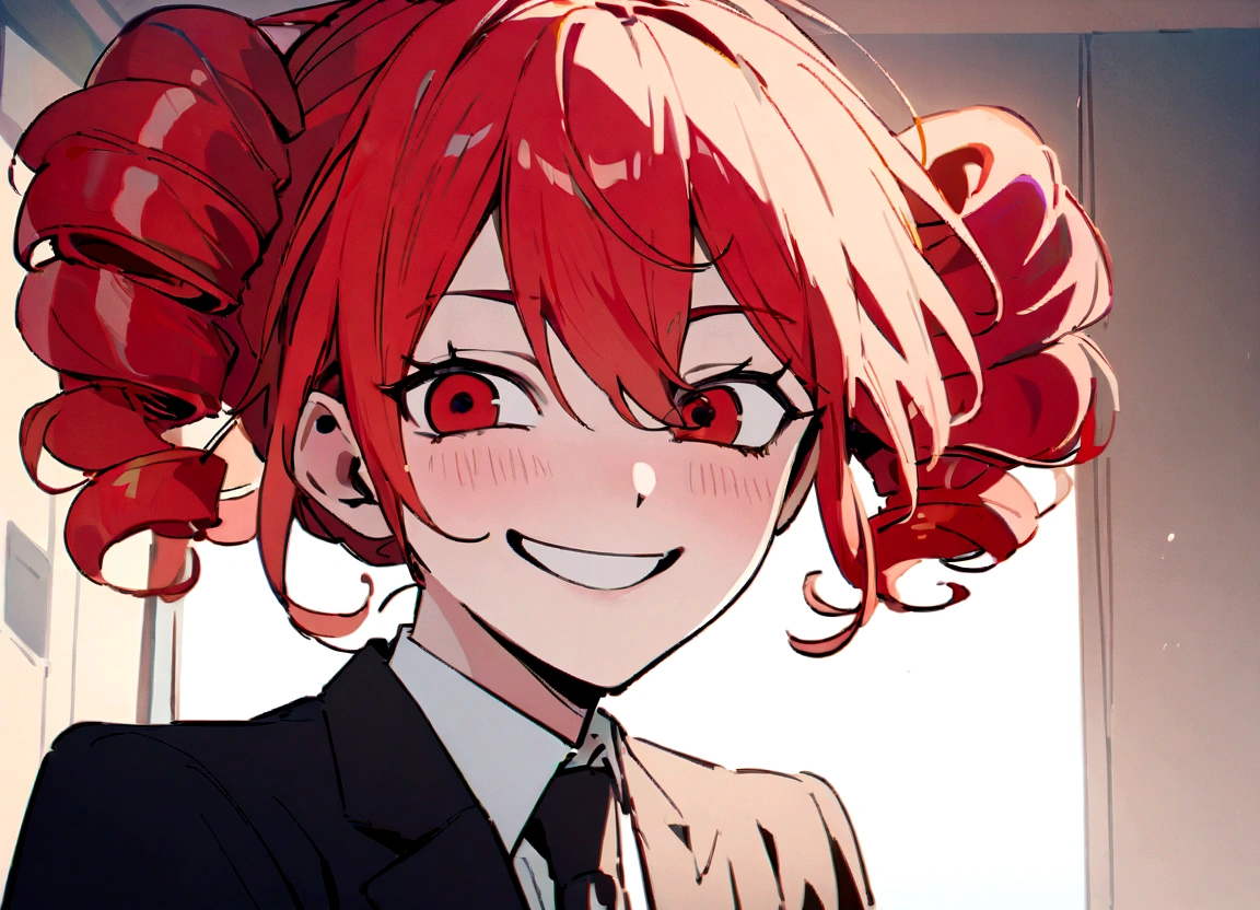 Red hair、Black suit、hit、Scary smile、office、Daytime