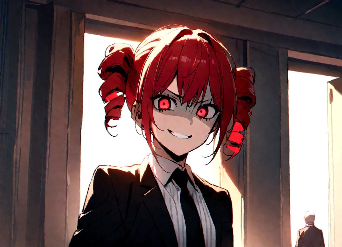 Red hair、Black suit、hit、Scary smile、office、Daytime