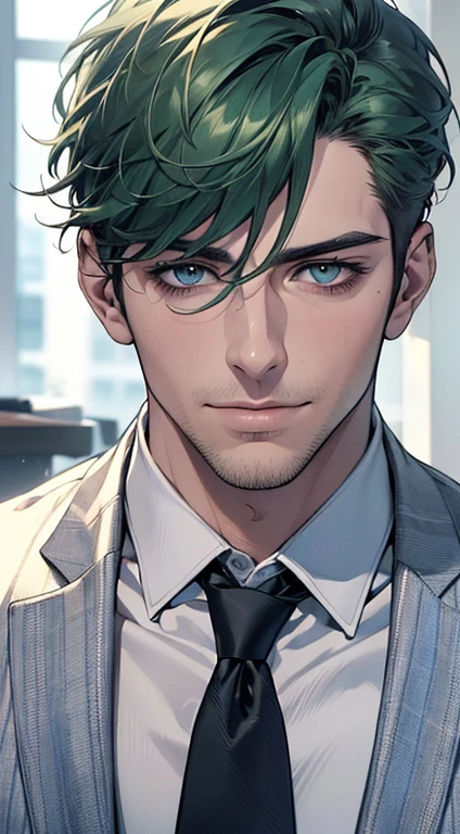 (best quality,4k,8k,highres,masterpiece:1.2),ultra-detailed,(realistic,photorealistic,photo-realistic:1.37),1 man,31 years old,mature man,very handsome,without expression,smile,short green hair,blue eyes,penetrating gaze,perfect face without errors,imposing posture,businessman,office background,cinematic lighting,hdr image