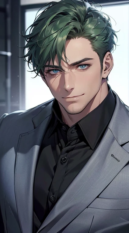 (best quality,4k,8k,highres,masterpiece:1.2),ultra-detailed,(realistic,photorealistic,photo-realistic:1.37),1 man,31 years old,mature man,very handsome,without expression,smile,short green hair,blue eyes,penetrating gaze,perfect face without errors,imposing posture,businessman,office background,cinematic lighting,hdr image