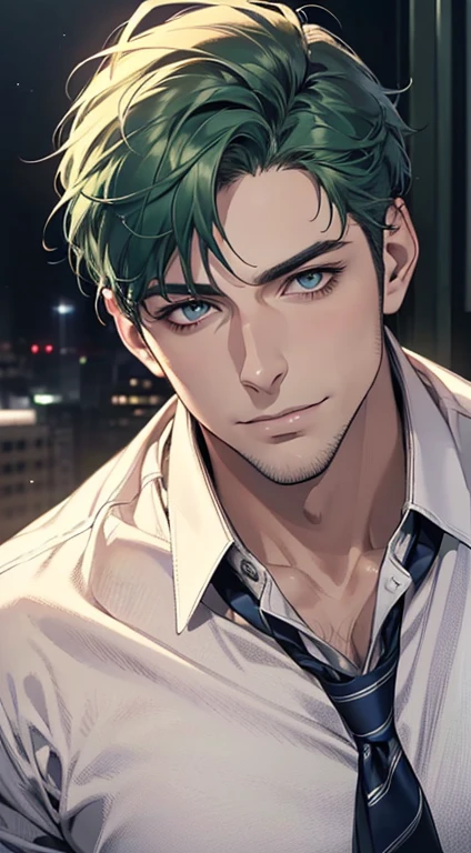 (best quality,4k,8k,highres,masterpiece:1.2),ultra-detailed,(realistic,photorealistic,photo-realistic:1.37),1 man,31 years old,mature man,very handsome,without expression,smile,short green hair,blue eyes,penetrating gaze,perfect face without errors,imposing posture,businessman,office background,cinematic lighting,hdr image