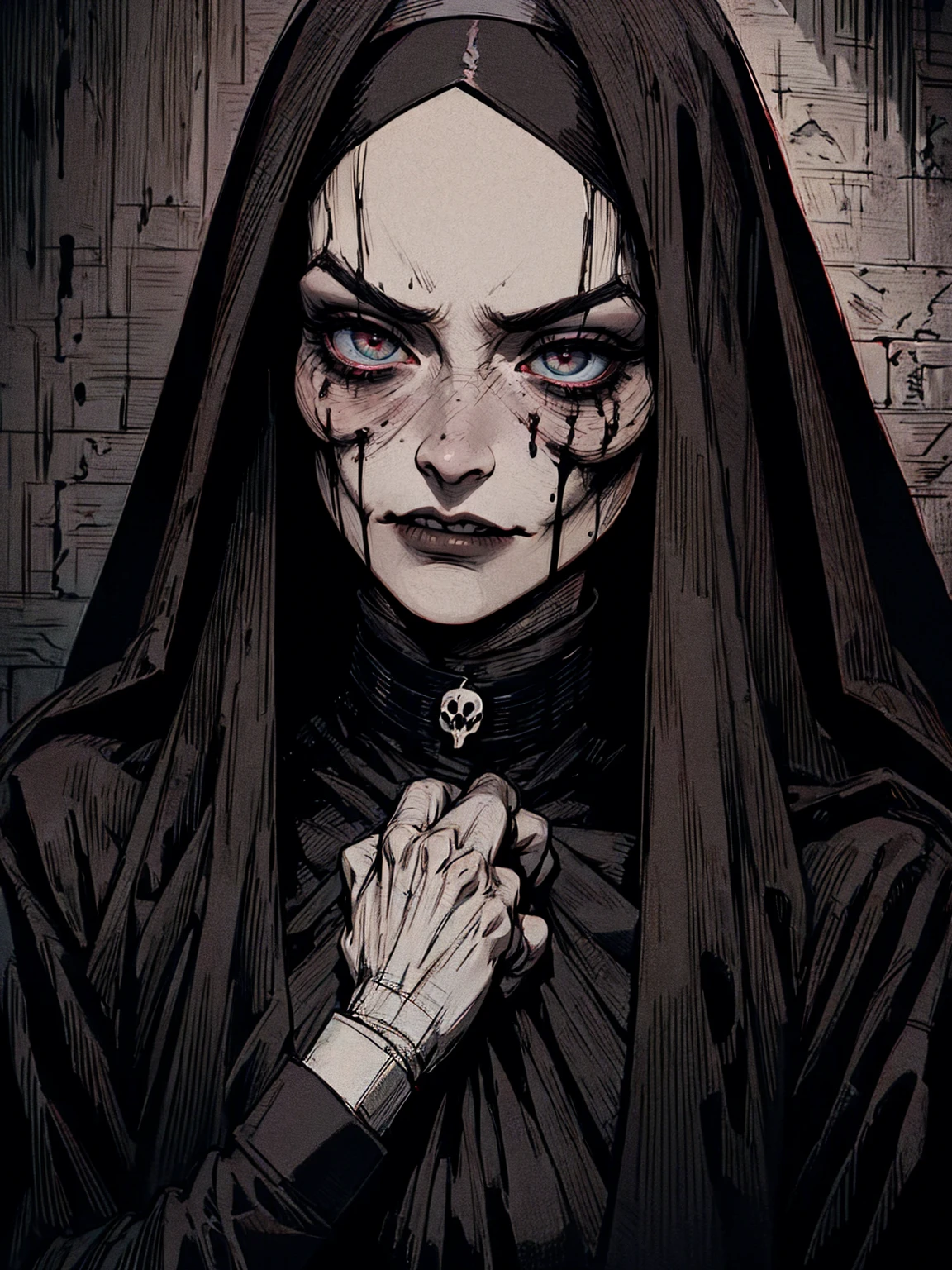 {-erro_de_anatomia:1.0} The Punisher, Nightmare before Christmas style, (masterpiece, best quality), (perfect hands), (hyper-realistic:1.6), (detailed face), (award-winning), (sharp), (8k resolution), (cinematic lighting), colors: dark and gloomy, (haunting), (intense expression), (detailed skull emblem), (eerie atmosphere), (comic book vibe),(gritty), (dramatic shadows), (dynamic pose), (ominous vibe), (artistically rendered), (sinister), (captivating), (gothic), (mysterious settinoody color palette), (expertly painted), (uneasy feeling), (intricate detailing), (sinister smile), (foreboding), (captivating eyes), (horror elements), (captivating composition), (impressive anatomy),(striking contrast), (foreboding mood), (exquisite craftsmanship), (intriguing character design), (nun), classic nun wear, brown eyes,