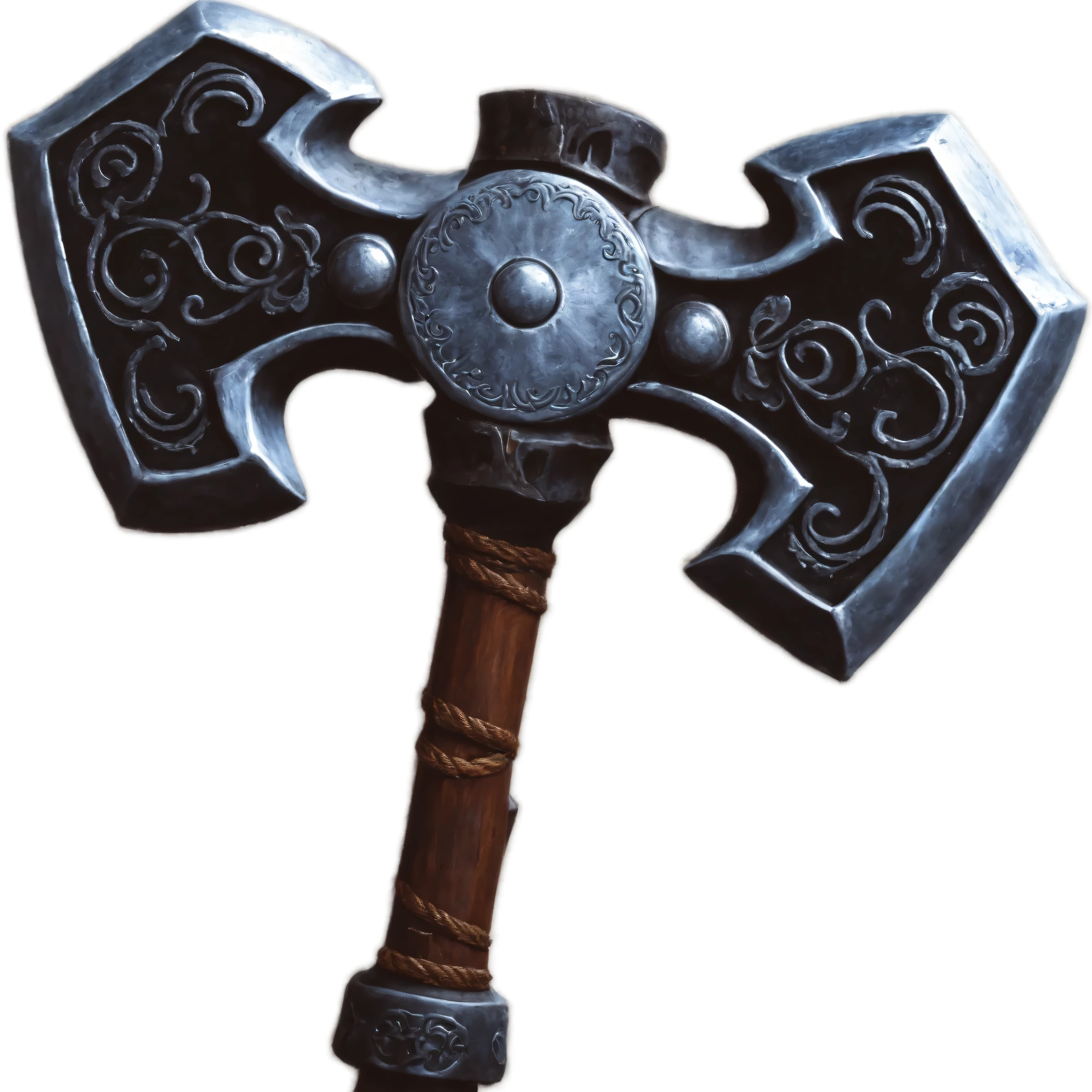 Close up of a large metal axe with a metal handle, Mjolnir, thors hammer, Axe element,